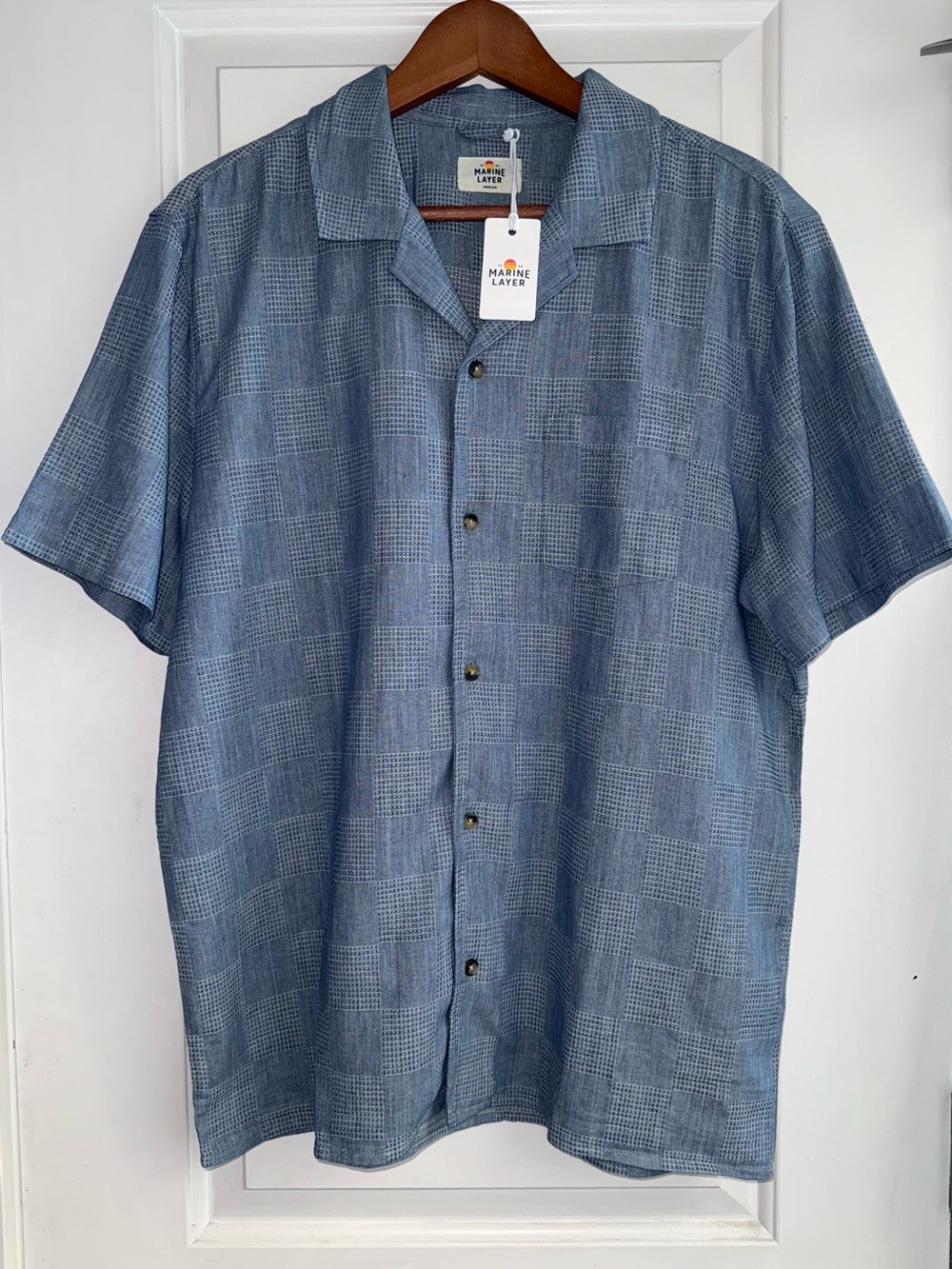 🪡Marine Layer NWT Textured Cotton/Linen Resort Shirt in “Indigo Check” - Picture 3 of 8
